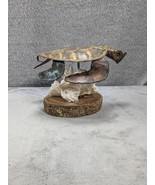 Vintage Copper Metal Sea Turtle Sculpture In Coral Set On Myrtle Wood Ba... - $19.98