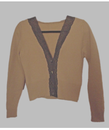Cardigan Sweater~Vintage~Pea Green w D Green Lace Trim~100% Wool~Womens ... - $20.58 CAD