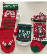 3 Vintage Knit Acrylic Christmas Stockings Dog Cat Pom Poms Gift Bag Red... - $21.55