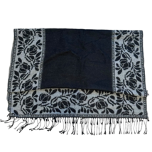 Dennis Basso Wrap Scarf Shawl Black Reversible Dark Floral Fringe Made In Italy - $24.63