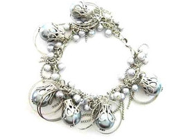 Bracelet Chunky Gray Sea Shell Pearls Silver Chains &amp; Hoops - $9.99