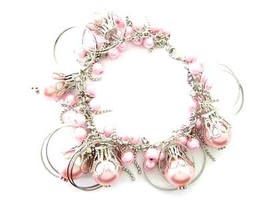 Bracelet Chunky Pink Sea Shell Pearls Silver Chains &amp; Hoops - £8.03 GBP