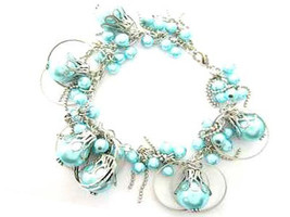Bracelet Chunky Blue Sea Shell Pearls Silver Chains &amp; Hoops - $9.99