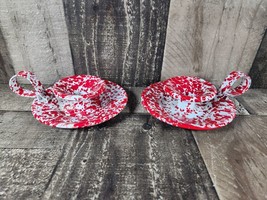 Set Of 2 Red Speckled Enamelware Graniteware Candlestick Chamber Holder CGS - £18.35 GBP