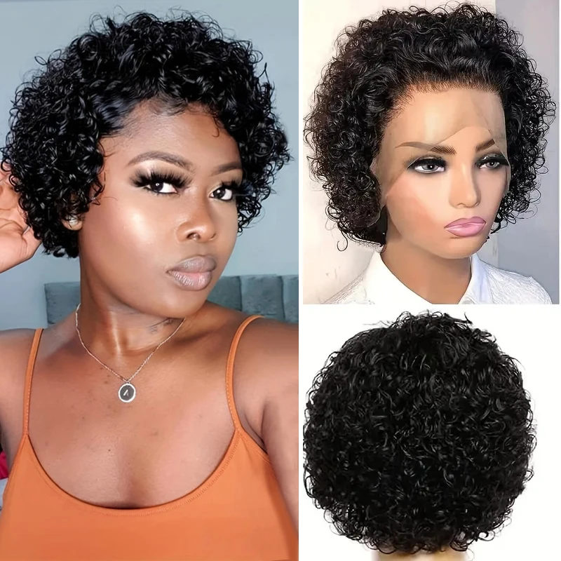 Deep Curly Pixie Cut Lace Front Brazilian Human Hair Wig Preplucked Gluele - £30.42 GBP+