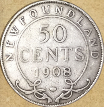 1908 Newfoundland Silver 50 Cents Coin - £19.42 GBP