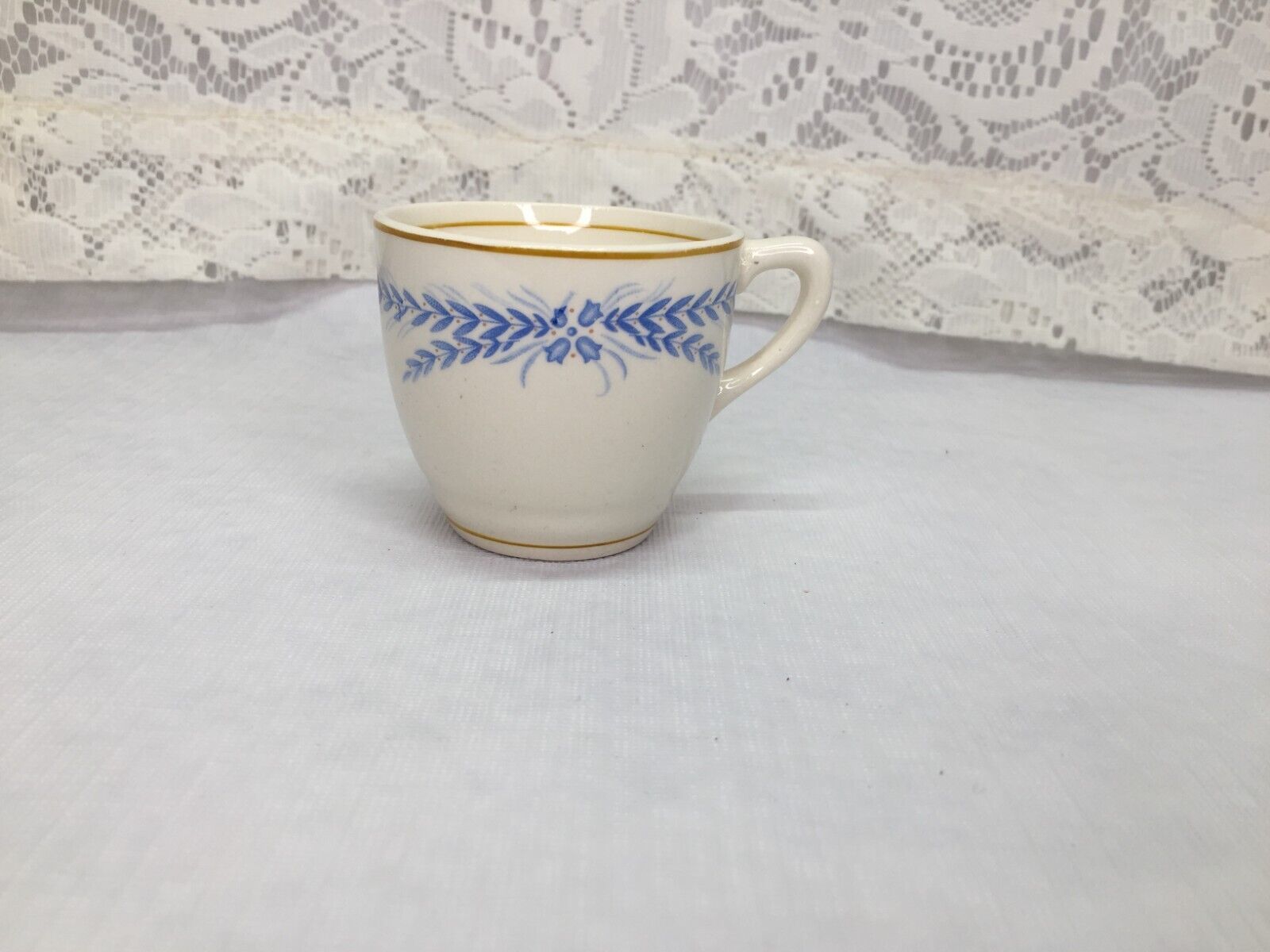 Primary image for Small Tea or Coffee Cup Blue Wheat Print w/Gold Tone Trim