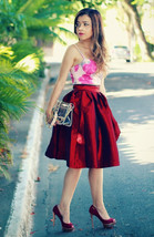 Burgudny Pleated Taffeta Skirt Women A-Line Plus Size Midi Skirt Outfit image 3