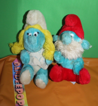Vintage original Retro Peyo 1981 Smurfette And papa Smurf Stuffed Animal Toys 8&quot; - £15.78 GBP