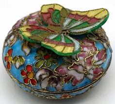 Multicolored Cloisonne Round Trinket Box with Butterfly on Lid - £15.94 GBP