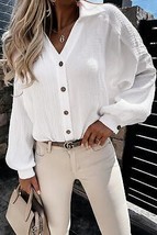 White Turn-down Collar V Neck Crinkled Cuffed Shirt - £30.99 GBP