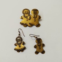 Vintage Brass Gingerbread Man Woman Earrings Brooch Pin Set Christmas - £14.01 GBP