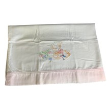 Vintage Embroidered Cat Pillowcase White Cotton with Pink Trim Floral De... - $18.80