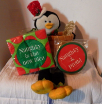 Christmas Penguin Plush Basket Shelf Sitter w/coasters &amp; napkins Christm... - $5.94