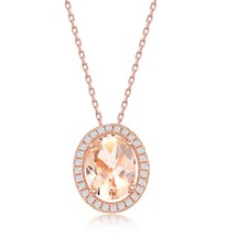 Oval Morganite CZ with White CZ Border Pendant - Rose Gold Plated - £30.46 GBP