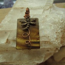 Handmade-Wire wrapped square shell &amp; dragonfly pendant. New, Brown tones. - £9.59 GBP