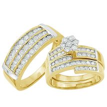 14K Yellow Gold Over Round Cut Diamond Bridal Engagement Wedding Ring Trio Set - £119.87 GBP