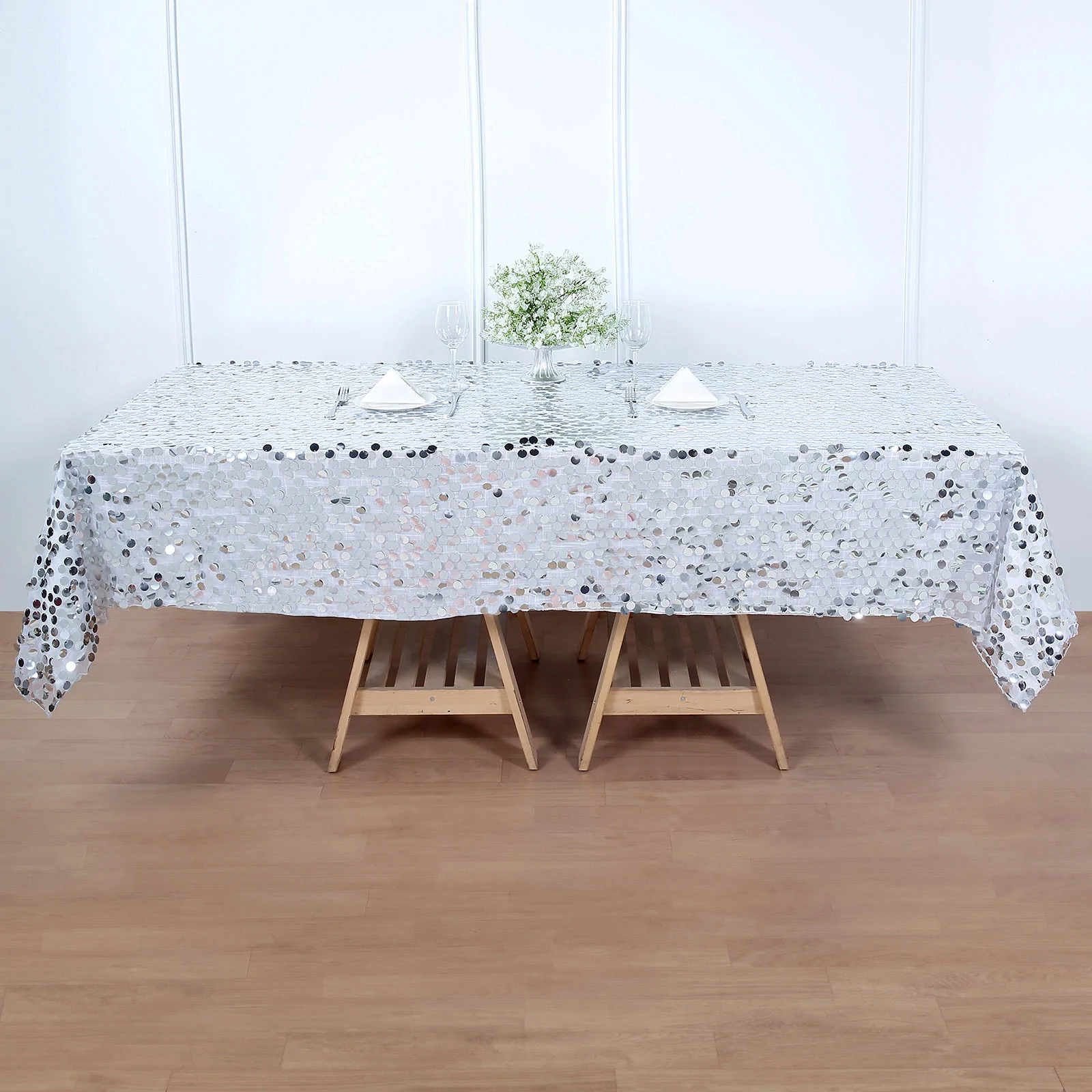 Silver - 60X102&quot; Rectangle Tablecloth Premium Big Payette Sequin Wedding - £57.45 GBP