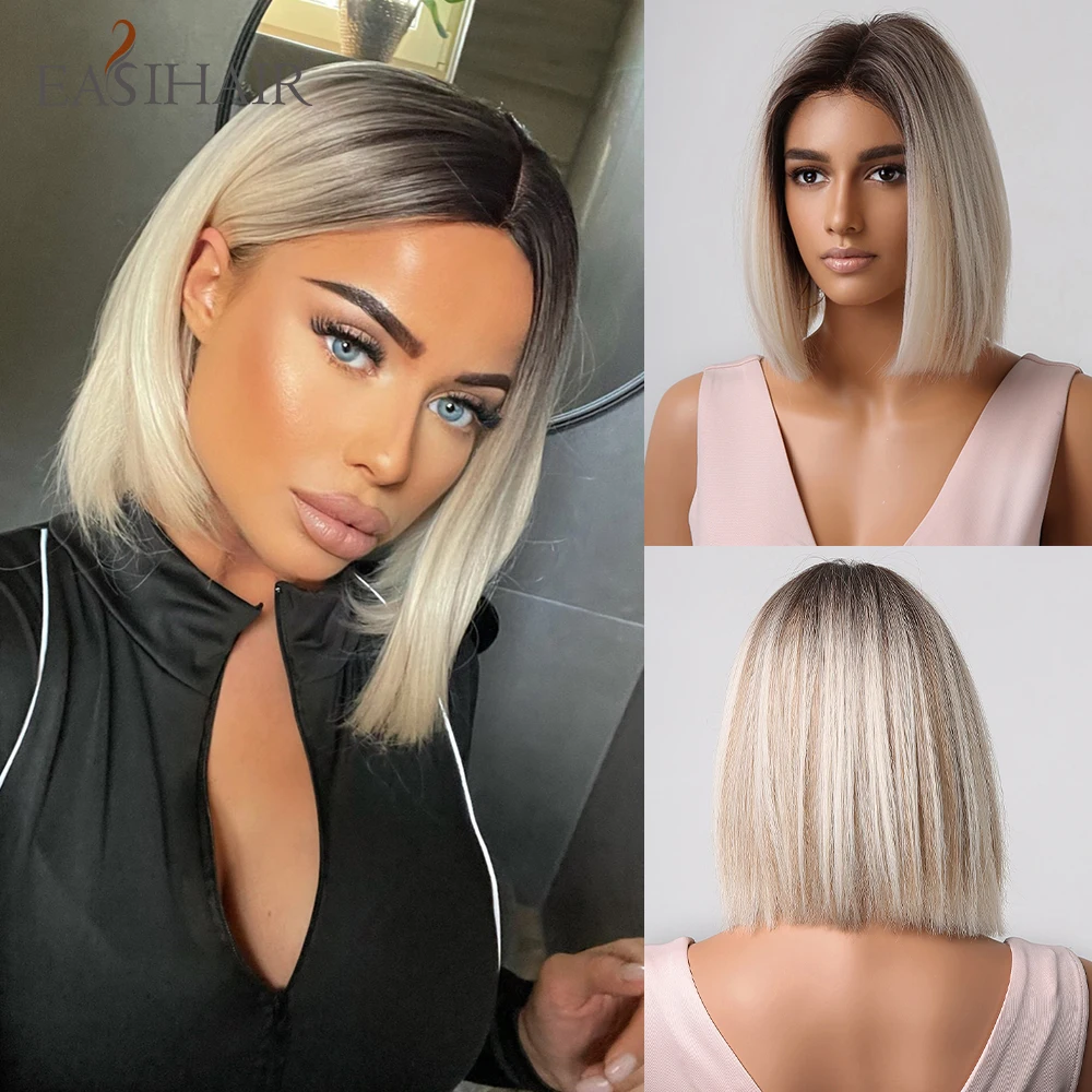 Short Straight Bob Wigs Ash Blonde Ombre Natural Hair Dark Root Synthetic Wigs - £24.27 GBP