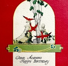 Good Morning Happy Birthday Greeting Postcard 1910s Red Birds Swallows PCBG3D - £15.65 GBP