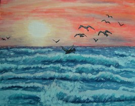 Original Seascape Painting Birds Impressionism Ocean Red Sunset Monet Ro... - $71.76