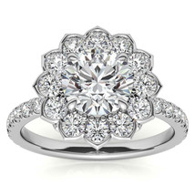1.0 carat-  Round Flower Inspired Moissanite Halo Engagement Ring In 14k Gold - £782.65 GBP