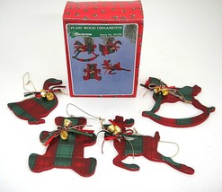 Plaid Wood Christmas Ornaments Reindeer Rocking Horse Goose Bear Red &amp; Green - £7.43 GBP