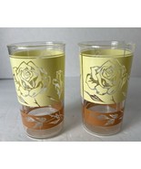 Vintage Floral Tumbler Yellow Rose Leaves Stem Brown Stripes MCM 1950s 4... - £8.43 GBP