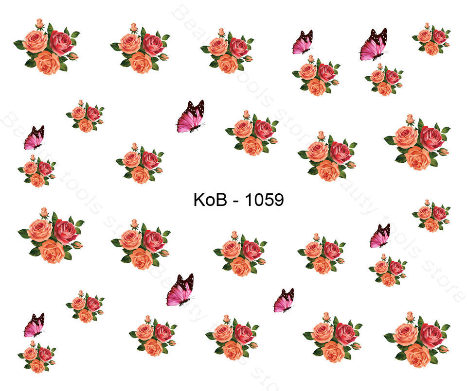 Nail Art Water Transfer Stickers Decal Pretty Flowers & Butterflies KoB-1059