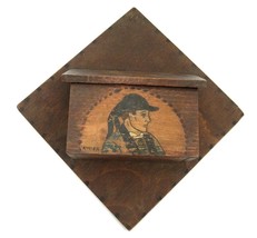 Antique Pyrography Wood Wall Key Match Box Hinged Lid Bretons Signed France OOAK - £39.55 GBP