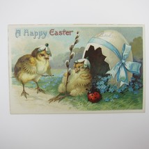 Easter Postcard Yellow Chicks Hatch Egg Blue Ribbon Lady Bug Embossed Antique - £7.83 GBP
