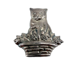 Vintage Sterling Silver 925 Cat Kitten in a Basket Brooch Pin - $37.62