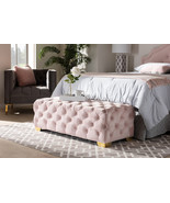Gates Light Pink Velvet Fabric Gold Finished Button Tufted Bench Ottoman - $9,409.49 MXN