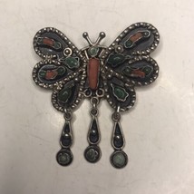 Vintage 925 Taxco Butterfly Brooch Pendant Turquoise &amp; Coral Mexico RARE - £149.83 GBP