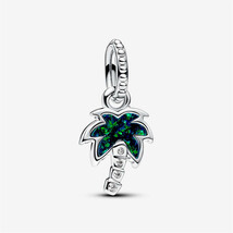 925 Sterling Silver Opalescent Green Palm Tree Dangle Charm,Gift for Her - $13.99