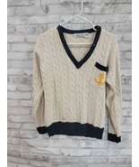 Vtg Anne Klein II Size S Cream Navy V-Neck Knit Sweater Yellow Anchor Po... - $32.53 CAD