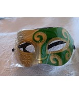 RETRO MASQUERADE MARDI GRAS  HALLOWEEN MASK GOLD &amp; GREEN WITH BLACK TIES... - $7.91