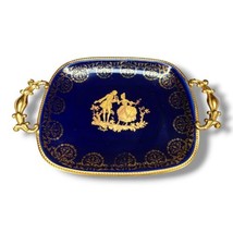 Limoges Cobalt Porcelain Tray Vanity Trinket Jewelry Dish 22k Gold Brass... - £47.17 GBP
