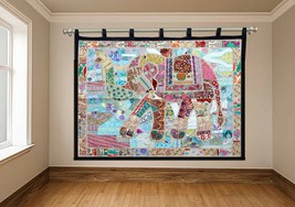 Elephant Wall Hanging Patchwork Big Tapestry Hand Embroidery Curtain Thr... - $147.51