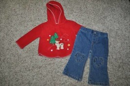 Girls Shirt Jeans Christmas Red Hooded Fleece Blue Denim 2 Pc Set-size 1... - £11.24 GBP