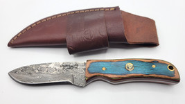 Damascus Steel Fixed Blade Wood Handle Infinity USA Knife &amp; Sheath Hunting Blue - £101.47 GBP