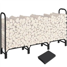 8Ft Large Metal Firewood Rack With Waterproof Cover For Outdoor Indoor Black - £86.29 GBP