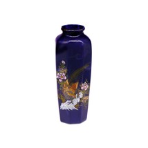 Giftcraft cobalt flower vase with cloissone peafowl, florals. Gold rim. - $70.85