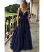 A Line V Neck Navy Blue Lace Long Prom Dress with Sequins, Navy Blue Lac... - £147.52 GBP