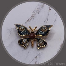 Vintage Black &amp; Brown Enamel Rhinestone Accent Butterfly Brooch Pin Gold Toned - £6.91 GBP