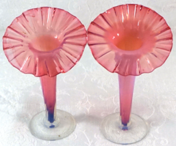 Pair Delicate Cranberry Opalescent Venetian Art Glass Jack in the Pulpit Vases - £120.18 GBP