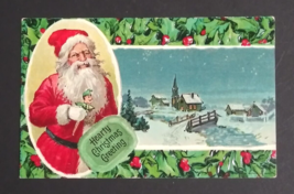 Hearty Christmas Greeting Santa Holly Scenic View Embossed Postcard c1910s - £8.00 GBP