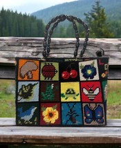 Handmade Purse Vintage Bag Cross Stitched Crochet Animals Garden Cottage Core - £46.59 GBP