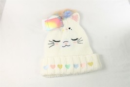 Under One Sky Girl Cream Caticorn Cat Unicorn Faux Fur Knit Heart Beanie Size S - £14.21 GBP