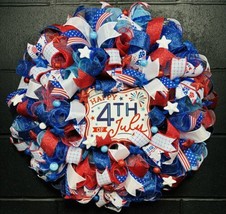 Patriotic Wreath 4th Of July Independence Day Red White &amp; Blue 24 Inch Handmade - £60.27 GBP